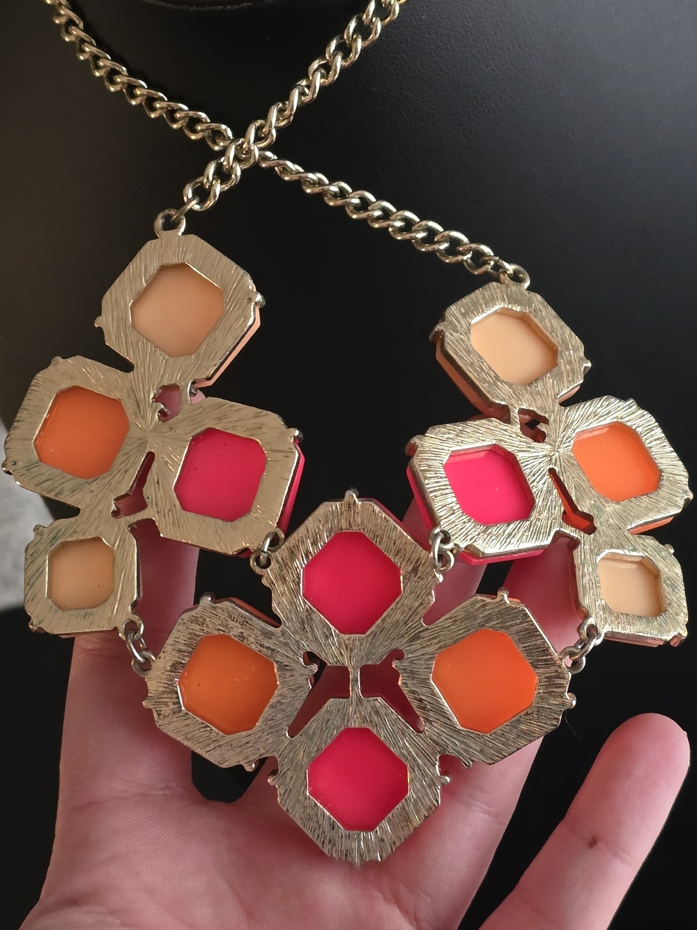 Statement Geometric Bib Necklace - Pink, Orange, Cream - Picture 6 of 7